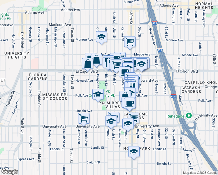 map of restaurants, bars, coffee shops, grocery stores, and more near 2814 Polk Avenue in San Diego