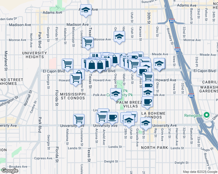 map of restaurants, bars, coffee shops, grocery stores, and more near 4114 Hamilton Street in San Diego
