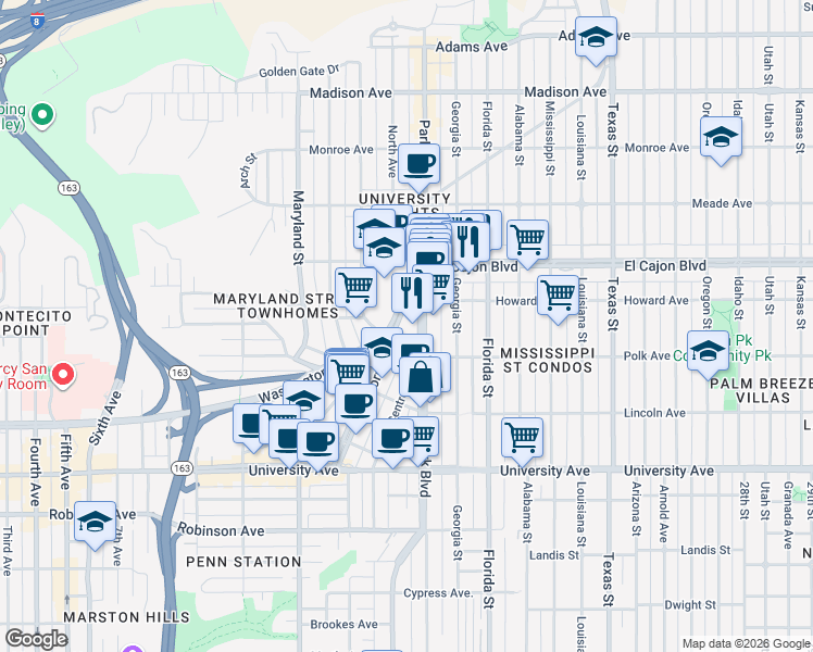 map of restaurants, bars, coffee shops, grocery stores, and more near in San Diego