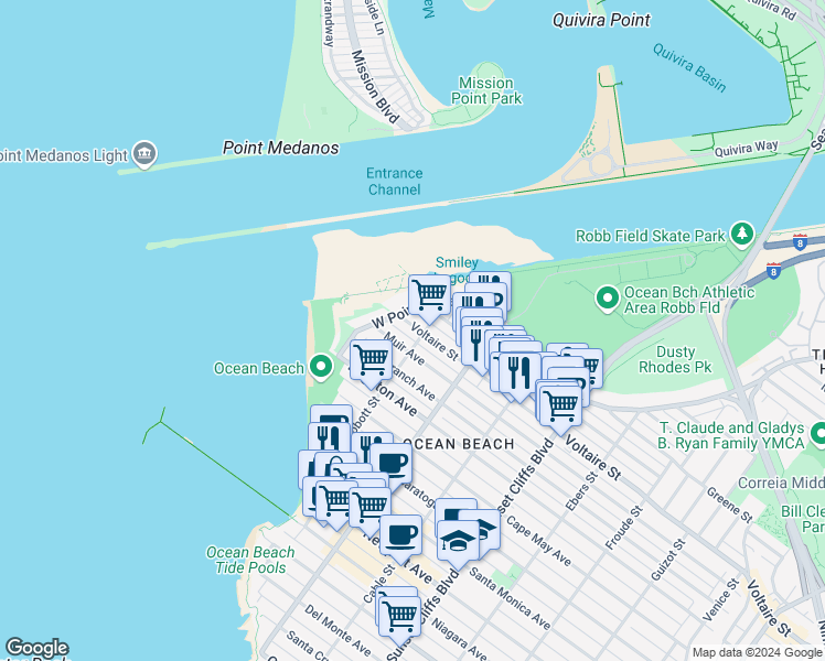 map of restaurants, bars, coffee shops, grocery stores, and more near 5102 Muir Avenue in San Diego