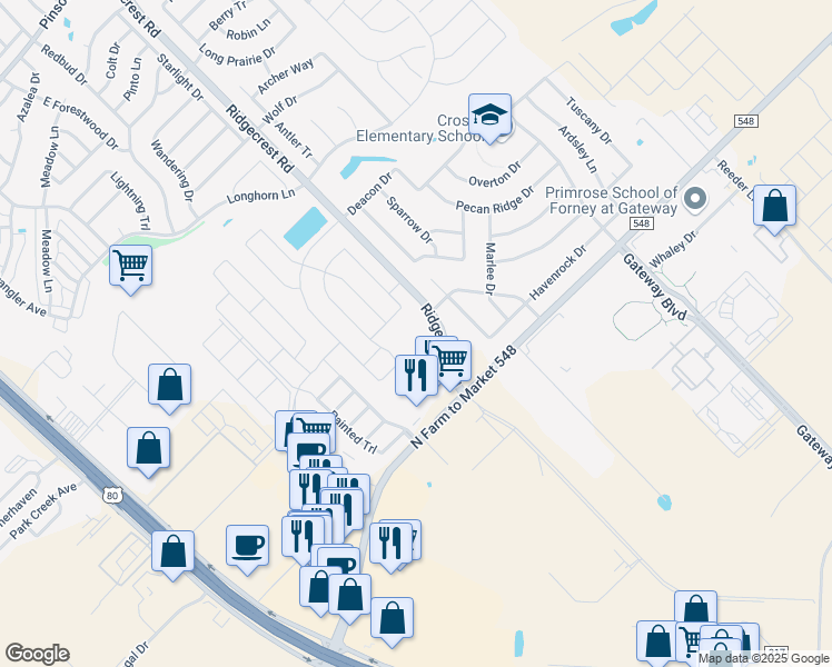 map of restaurants, bars, coffee shops, grocery stores, and more near 520 Clemson Lane in Forney