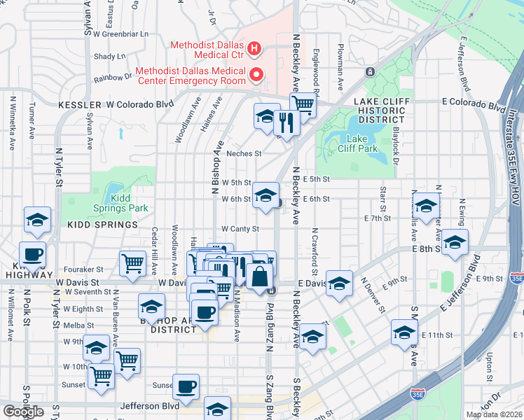 map of restaurants, bars, coffee shops, grocery stores, and more near 801 North Zang Boulevard in Dallas