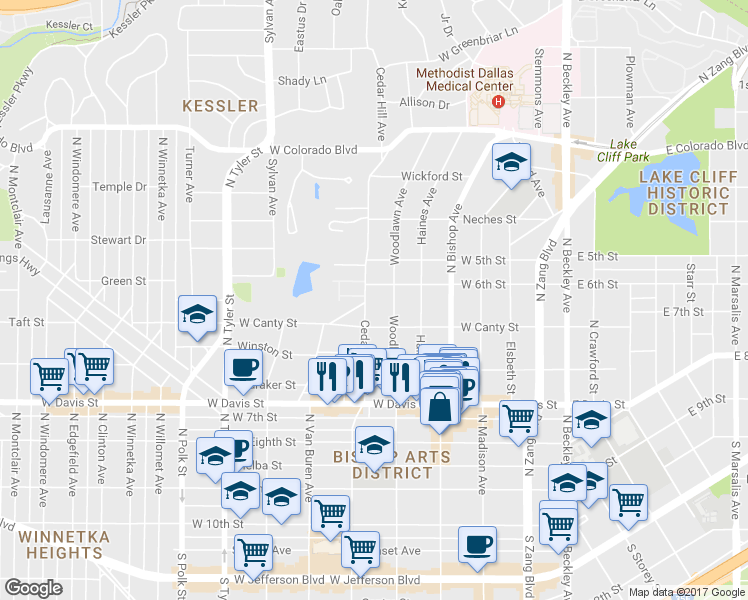 map of restaurants, bars, coffee shops, grocery stores, and more near 803 Woodlawn Avenue in Dallas