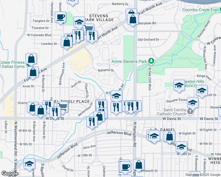 map of restaurants, bars, coffee shops, grocery stores, and more near 729 North Plymouth Road in Dallas