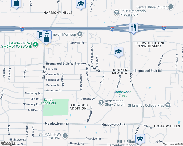 map of restaurants, bars, coffee shops, grocery stores, and more near 7612 High Meadow Court in Fort Worth