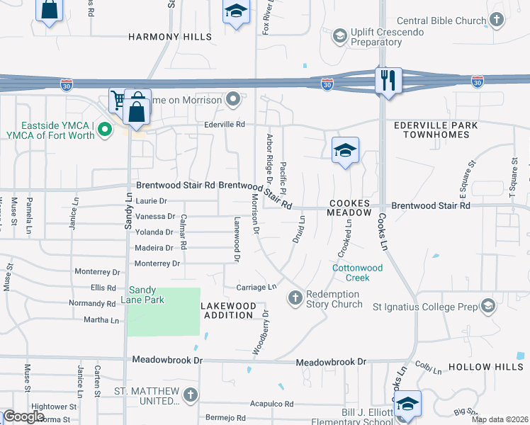 map of restaurants, bars, coffee shops, grocery stores, and more near 1804 Morrison Drive in Fort Worth