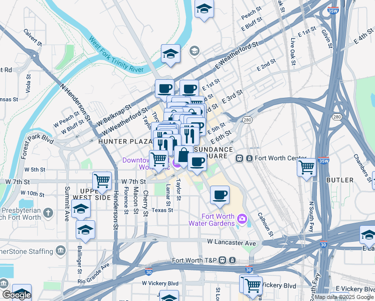 map of restaurants, bars, coffee shops, grocery stores, and more near in Fort Worth
