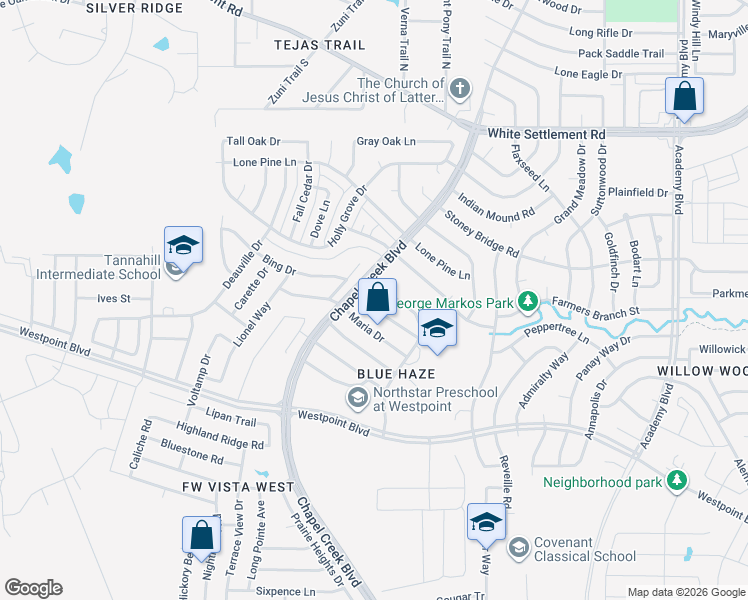 map of restaurants, bars, coffee shops, grocery stores, and more near 10248 Westward Drive in Fort Worth