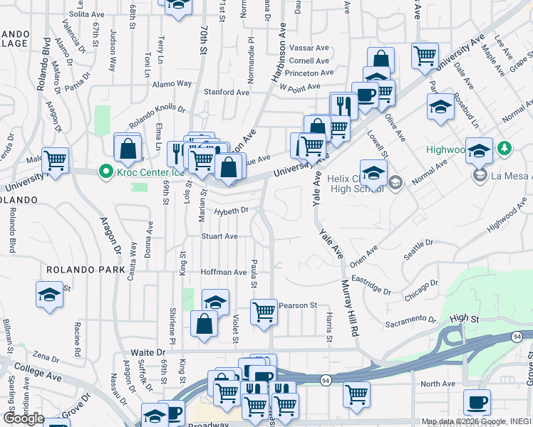 map of restaurants, bars, coffee shops, grocery stores, and more near 4144 Massachusetts Avenue in La Mesa