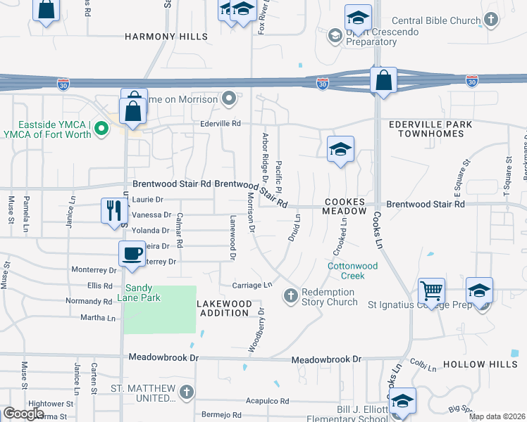 map of restaurants, bars, coffee shops, grocery stores, and more near 7612 High Meadow Court in Fort Worth