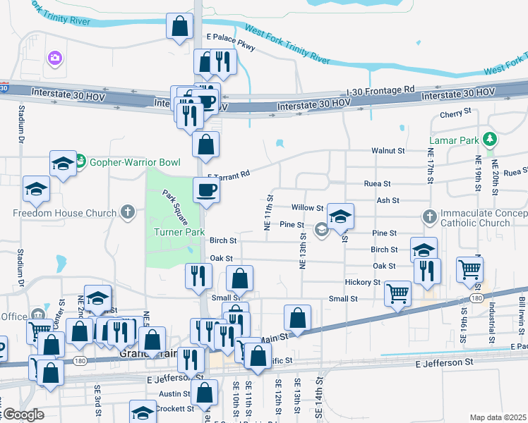 map of restaurants, bars, coffee shops, grocery stores, and more near 713 NE 11th St in Grand Prairie