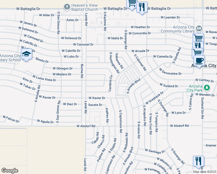 map of restaurants, bars, coffee shops, grocery stores, and more near 10997 Cambria Circle in Arizona City