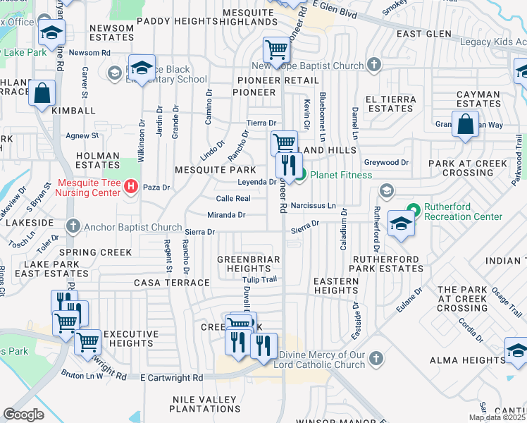 map of restaurants, bars, coffee shops, grocery stores, and more near 1115 Pampa Drive in Mesquite