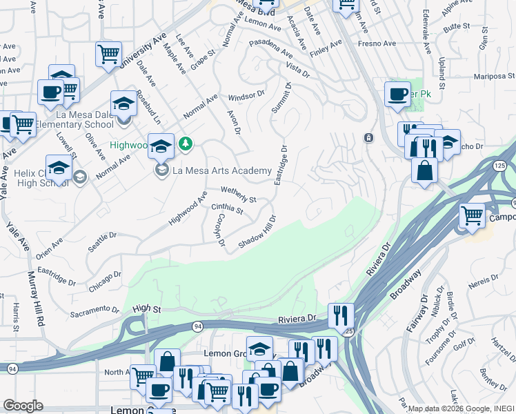 map of restaurants, bars, coffee shops, grocery stores, and more near 8011 Eastridge Drive in La Mesa