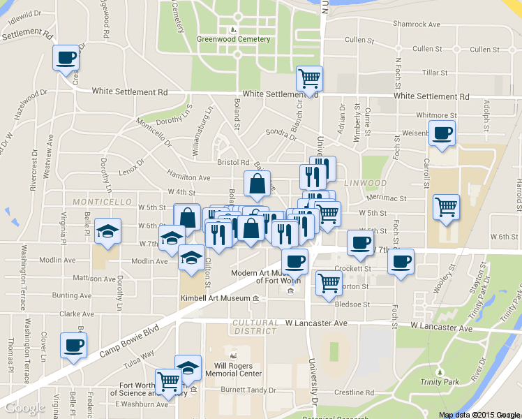 map of restaurants, bars, coffee shops, grocery stores, and more near Arch Adams Street in Fort Worth
