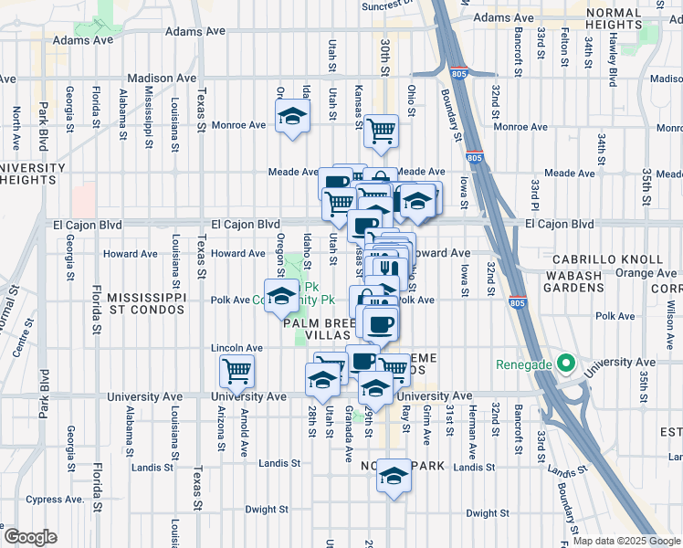 map of restaurants, bars, coffee shops, grocery stores, and more near 4153-55 Utah Street in San Diego