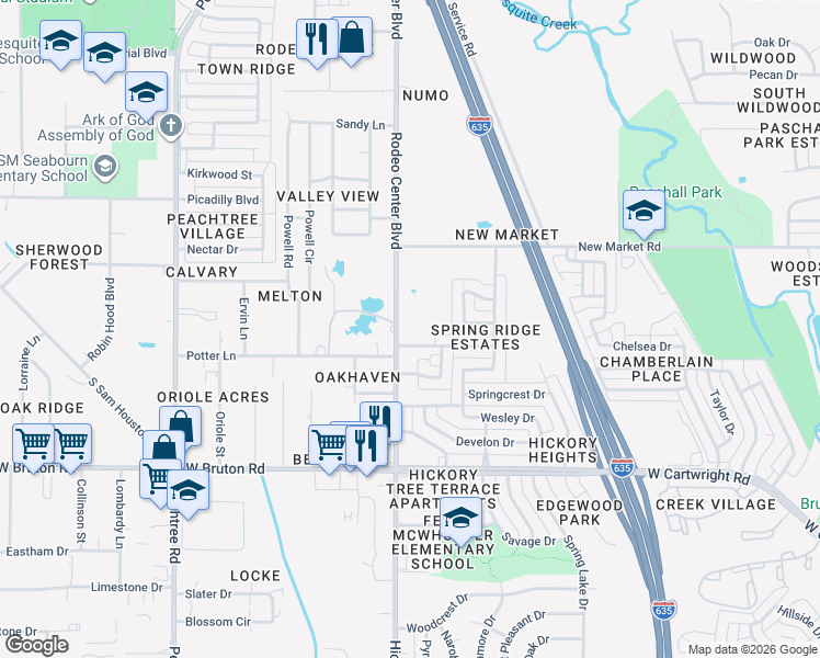 map of restaurants, bars, coffee shops, grocery stores, and more near 1222 Rodeo Center Boulevard in Mesquite