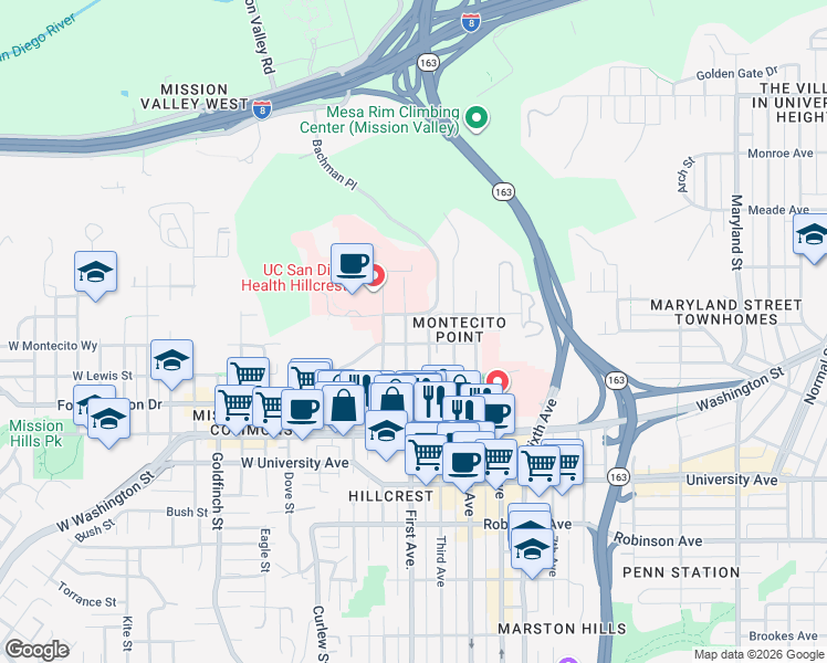 map of restaurants, bars, coffee shops, grocery stores, and more near 4171 First Avenue in San Diego