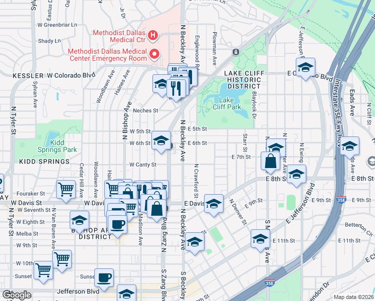 map of restaurants, bars, coffee shops, grocery stores, and more near 805 North Crawford Street in Dallas