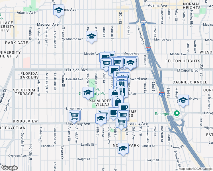 map of restaurants, bars, coffee shops, grocery stores, and more near 4153-55 Utah Street in San Diego