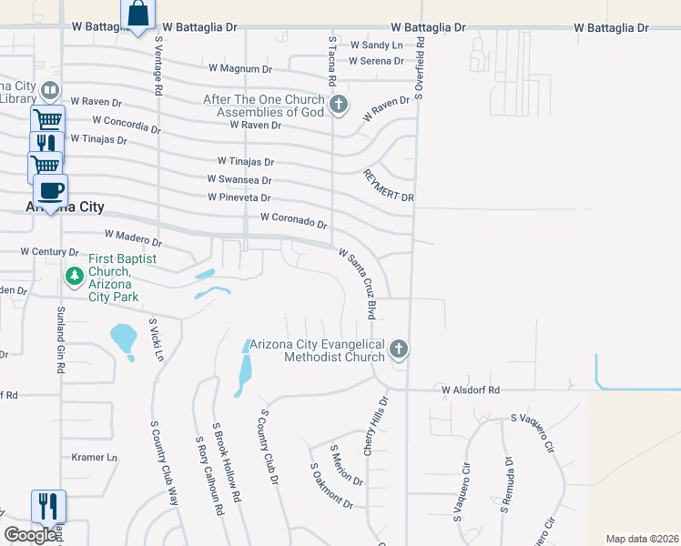 map of restaurants, bars, coffee shops, grocery stores, and more near 8435 West Santa Cruz Boulevard in Arizona City