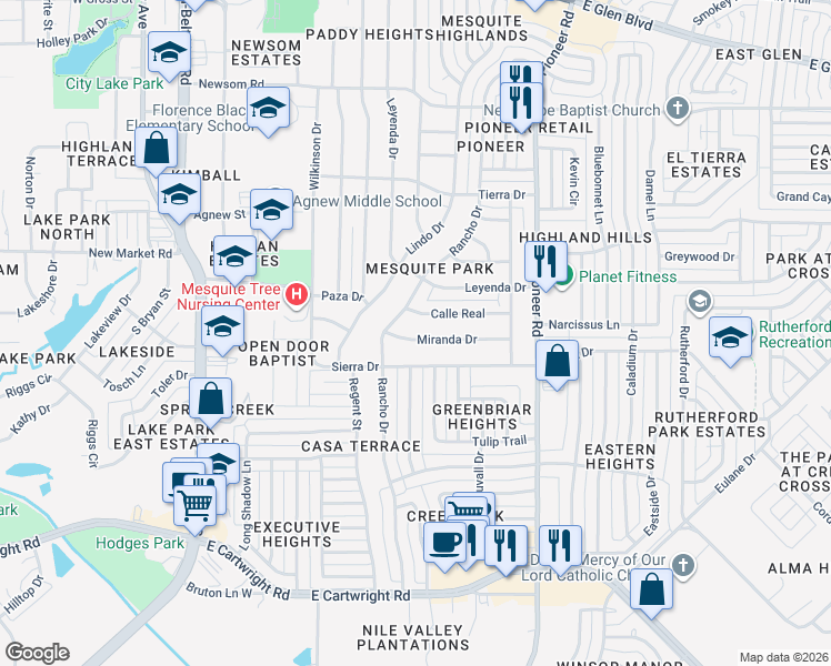 map of restaurants, bars, coffee shops, grocery stores, and more near 817 Miranda Drive in Mesquite