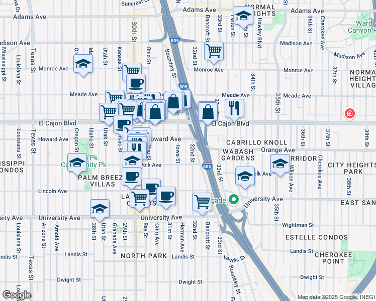 map of restaurants, bars, coffee shops, grocery stores, and more near 4152 32nd Street in San Diego