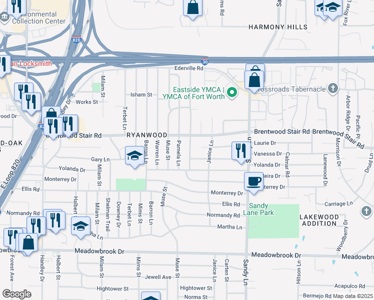 map of restaurants, bars, coffee shops, grocery stores, and more near 1716 Meadowlane Terrace in Fort Worth