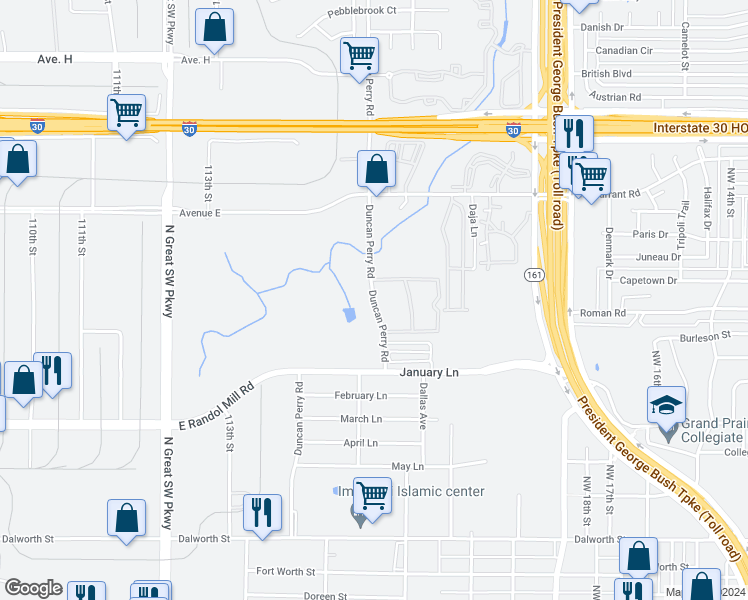 map of restaurants, bars, coffee shops, grocery stores, and more near 934 Duncan Perry Road in Grand Prairie