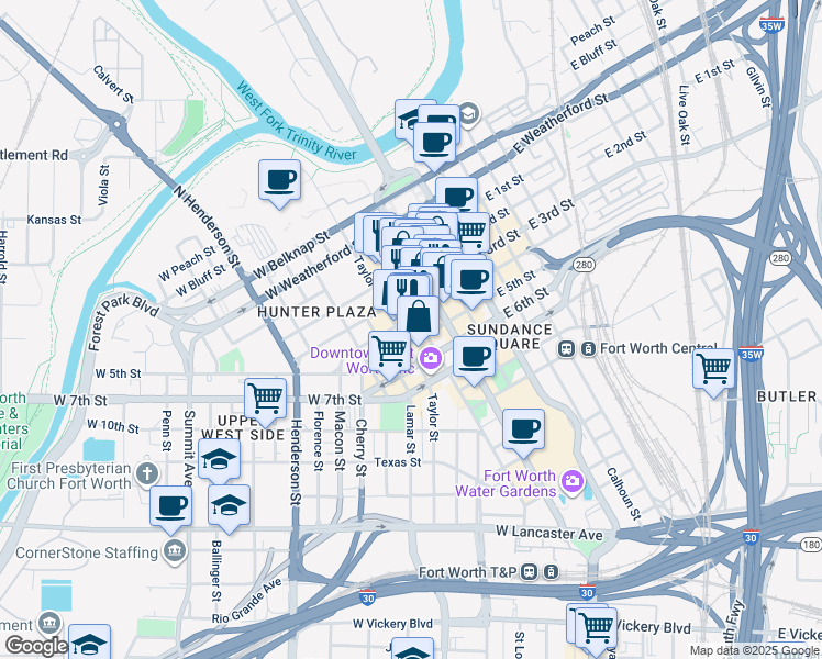 map of restaurants, bars, coffee shops, grocery stores, and more near 550 Throckmorton Street in Fort Worth
