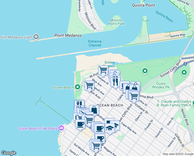 map of restaurants, bars, coffee shops, grocery stores, and more near 2 Voltaire Street in San Diego