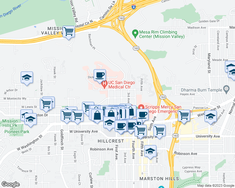 map of restaurants, bars, coffee shops, grocery stores, and more near 4171 First Avenue in San Diego