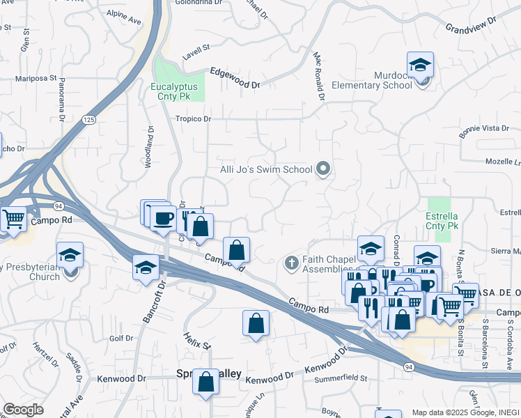 map of restaurants, bars, coffee shops, grocery stores, and more near 4062 South Tropico Drive in La Mesa