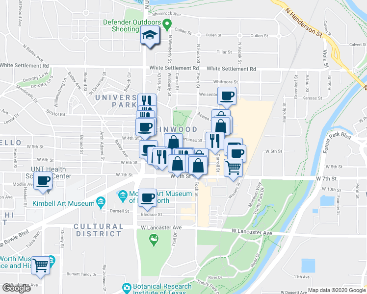 map of restaurants, bars, coffee shops, grocery stores, and more near 2800 Merrimac Street in Fort Worth