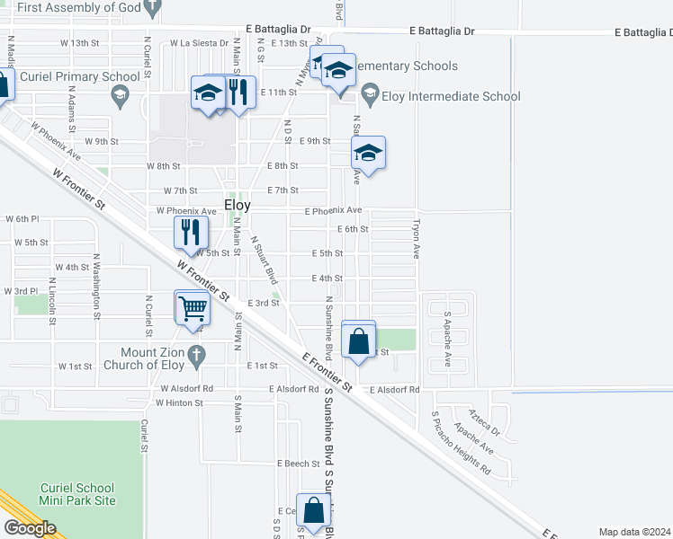 map of restaurants, bars, coffee shops, grocery stores, and more near 500 North Sunshine Boulevard in Eloy