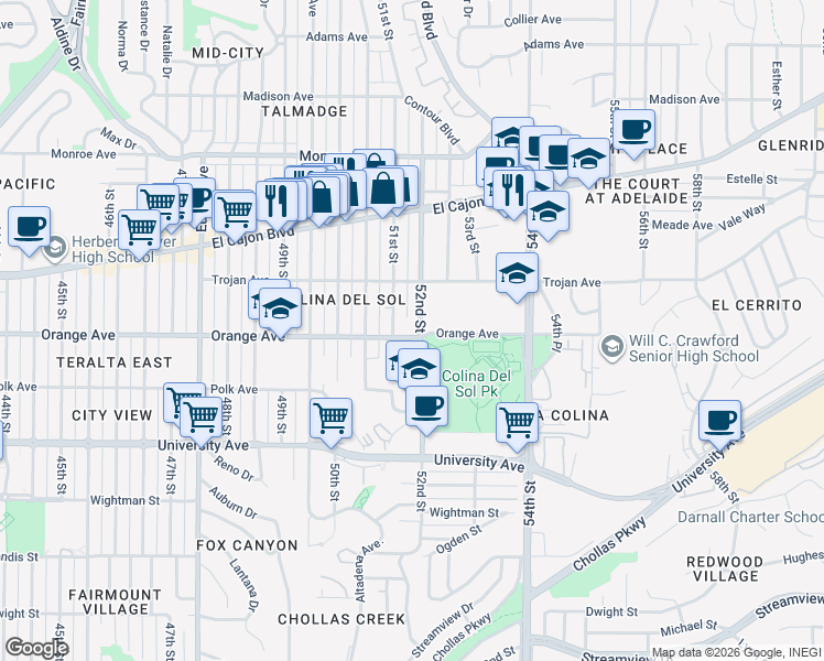map of restaurants, bars, coffee shops, grocery stores, and more near 4262 52nd Street in San Diego