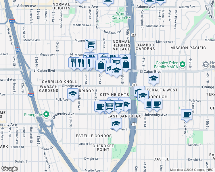 map of restaurants, bars, coffee shops, grocery stores, and more near 3720 Orange Avenue in San Diego