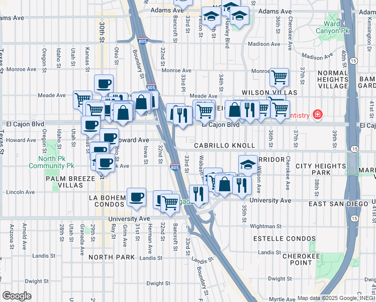 map of restaurants, bars, coffee shops, grocery stores, and more near 3285 Bramson Place in San Diego
