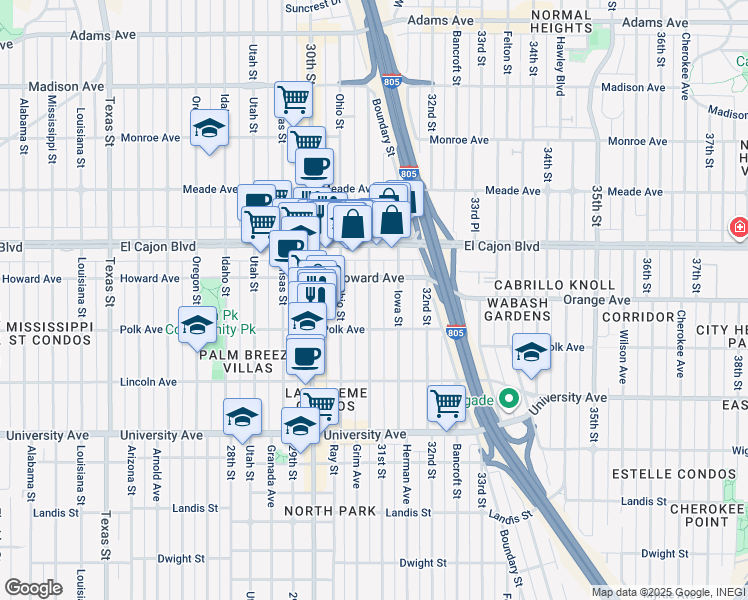map of restaurants, bars, coffee shops, grocery stores, and more near 4195 Illinois Street in San Diego
