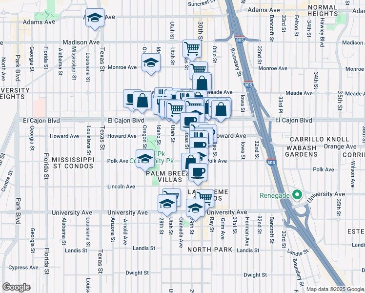 map of restaurants, bars, coffee shops, grocery stores, and more near 2875 Howard Avenue in San Diego