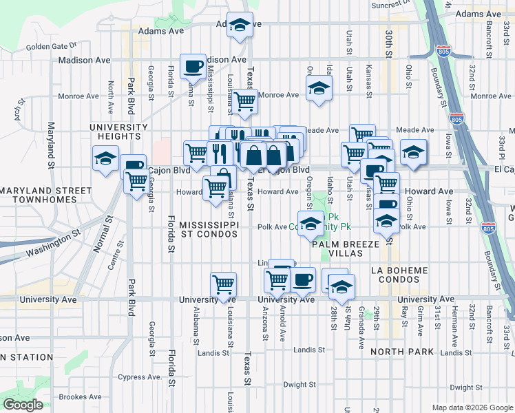 map of restaurants, bars, coffee shops, grocery stores, and more near 2433 Howard Avenue in San Diego