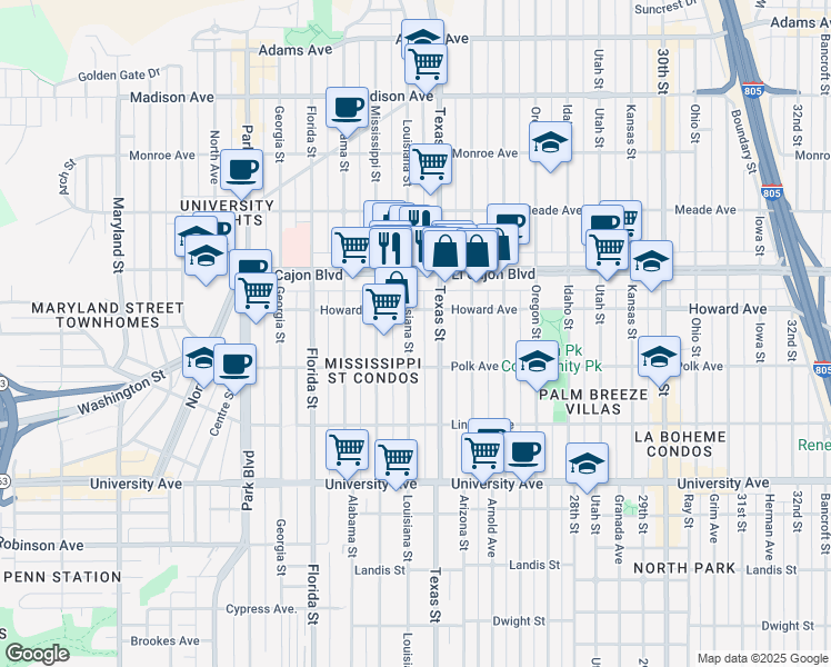 map of restaurants, bars, coffee shops, grocery stores, and more near 2321 Howard Avenue in San Diego