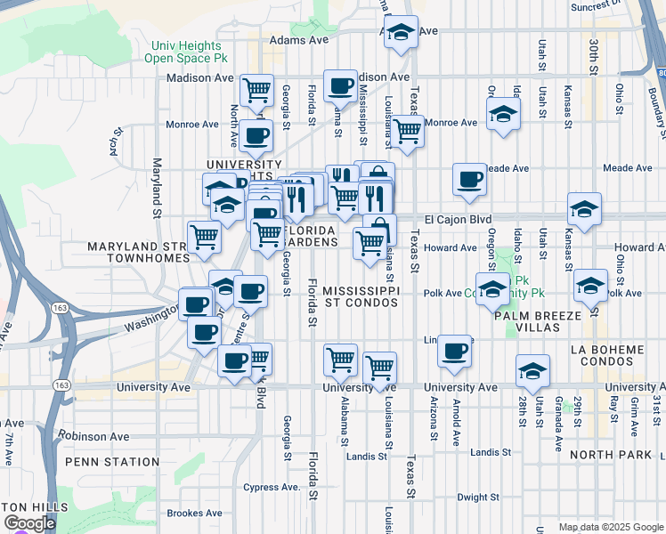 map of restaurants, bars, coffee shops, grocery stores, and more near 4196 Alabama Street in San Diego