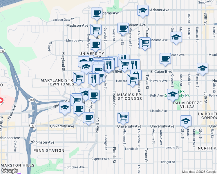 map of restaurants, bars, coffee shops, grocery stores, and more near 1937 Howard Avenue in San Diego