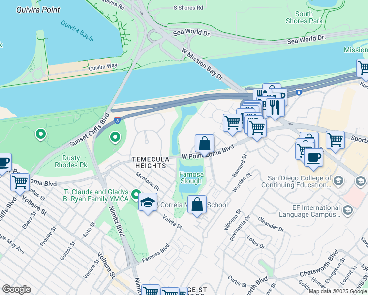 map of restaurants, bars, coffee shops, grocery stores, and more near 3050 Rue D’Orleans in San Diego