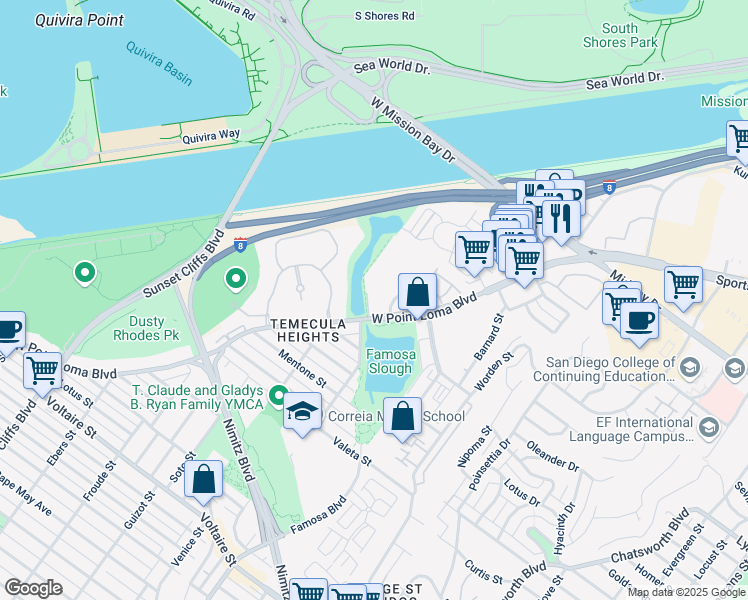 map of restaurants, bars, coffee shops, grocery stores, and more near 4322 West Point Loma Boulevard in San Diego