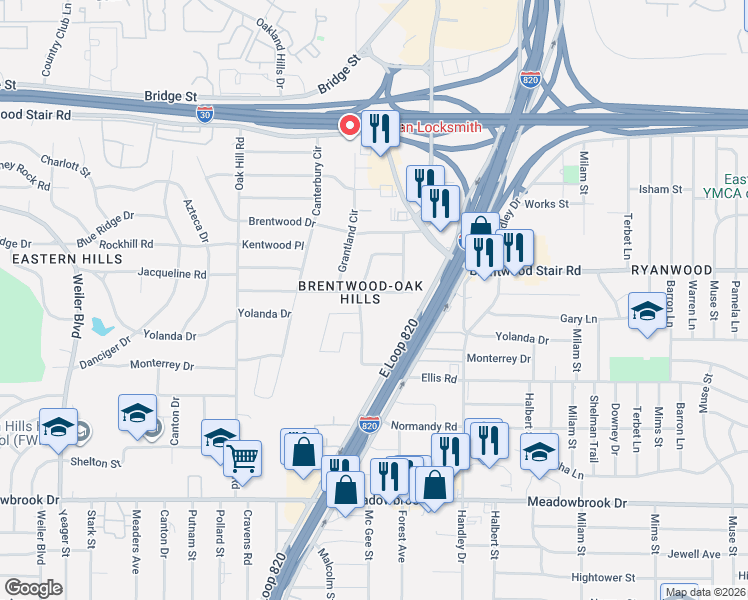 map of restaurants, bars, coffee shops, grocery stores, and more near 6451 Franwood Terrace in Fort Worth
