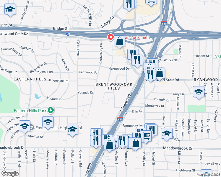map of restaurants, bars, coffee shops, grocery stores, and more near 1740 Sheffield Place in Fort Worth