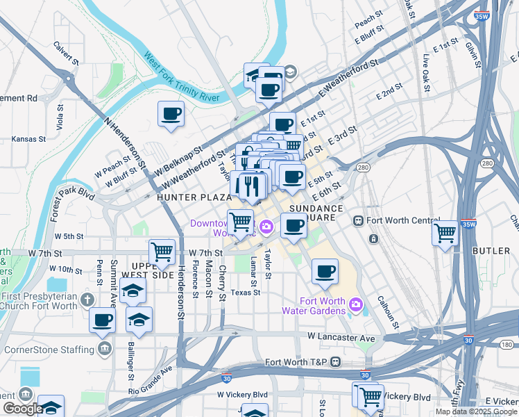 map of restaurants, bars, coffee shops, grocery stores, and more near 515 West 4th Street in Fort Worth