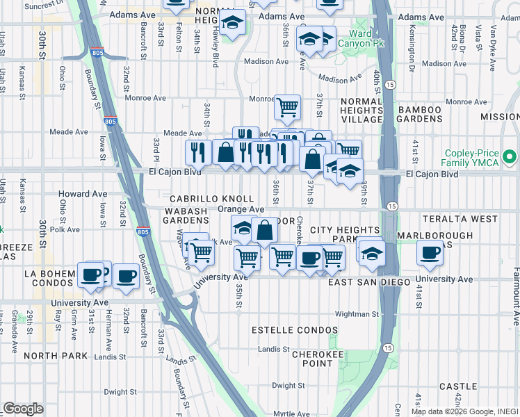 map of restaurants, bars, coffee shops, grocery stores, and more near Orange Avenue & Wilson Avenue in San Diego